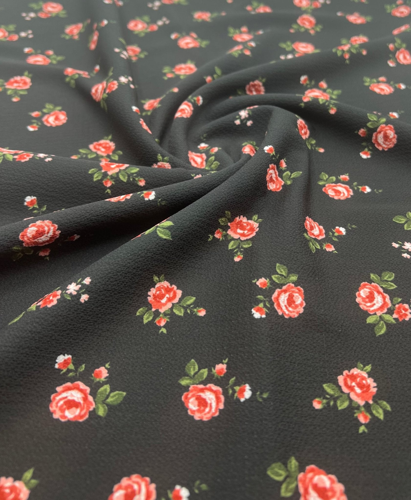 Black Rose Print Lightweight Bubble Crepe Fabric - T9 Fabrics